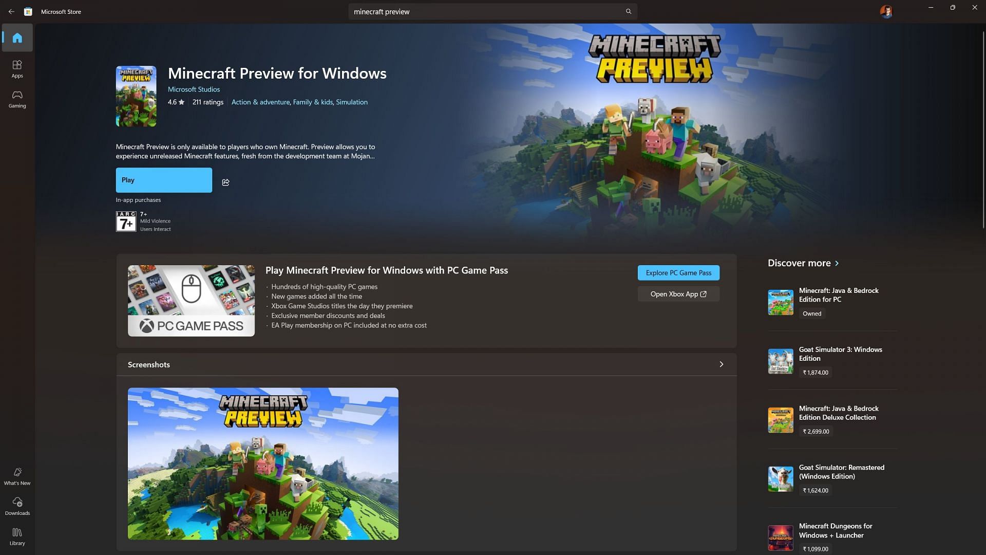Minecraft Preview on Windows 10/11 (Image via Microsoft Store)